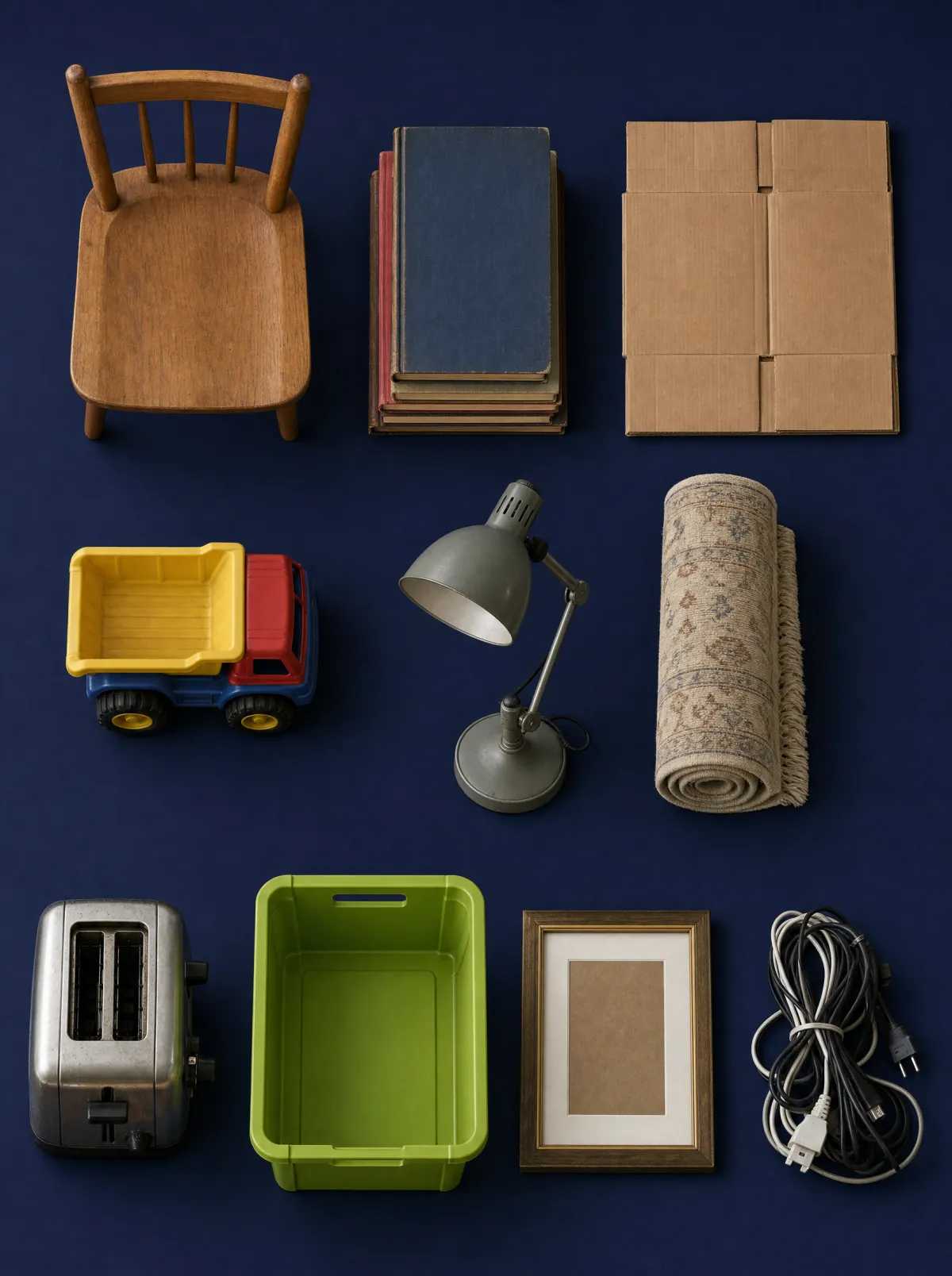 Household clean-out items laid out in a neat grid: a chair, books, boxes, a lamp, a toaster and toys