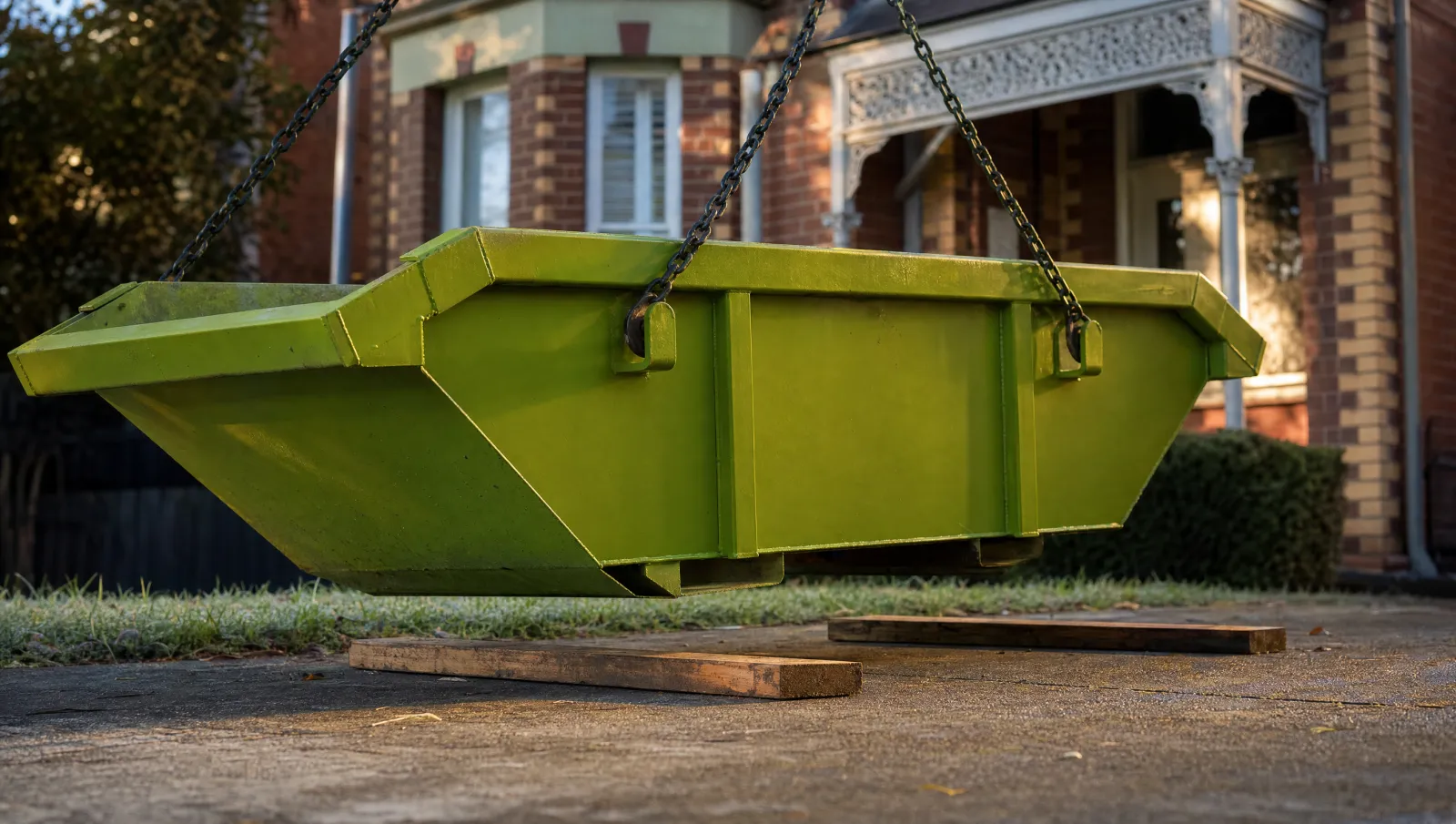 A lime green skip bin being lowered onto two timber planks on a driveway